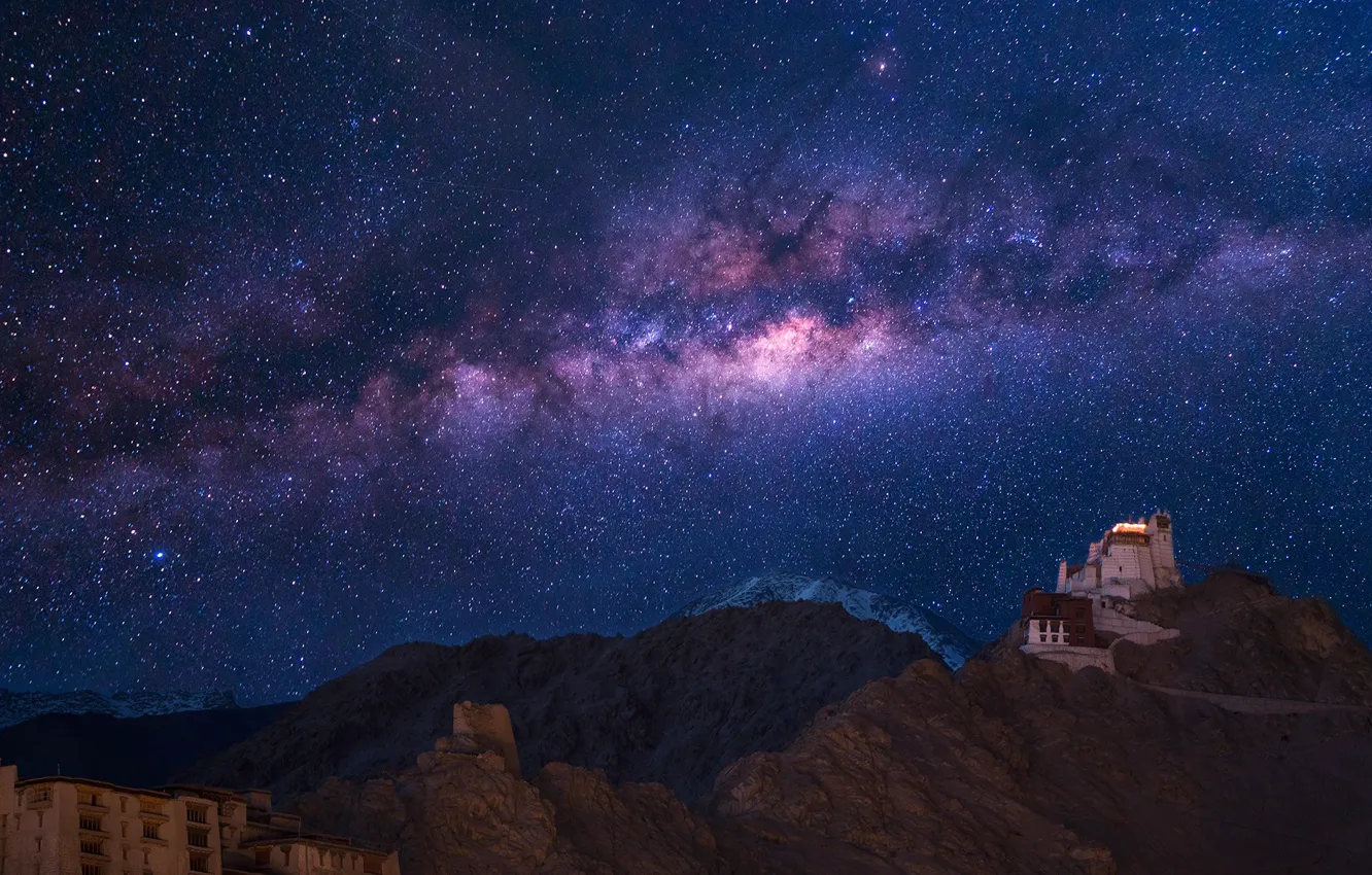 Photo wallpaper stars, night, The Milky Way, the monastery, Namgyal Tsemo, Of Jammu and Kashmir. India, the …