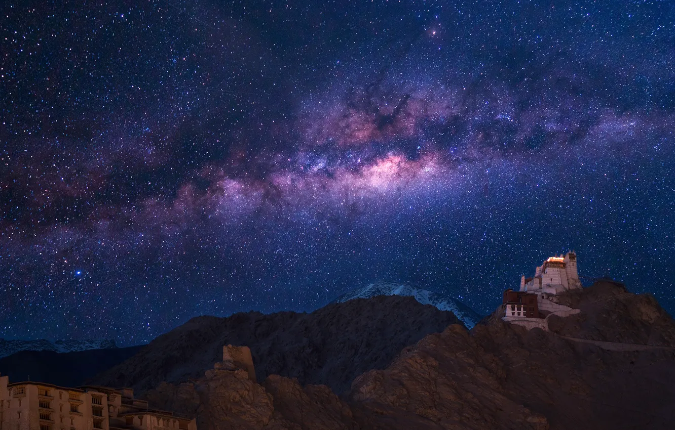 Photo wallpaper stars, night, the milky way, the monastery, Namgyal Tsemo, Of Jammu and Kashmir. India, the …