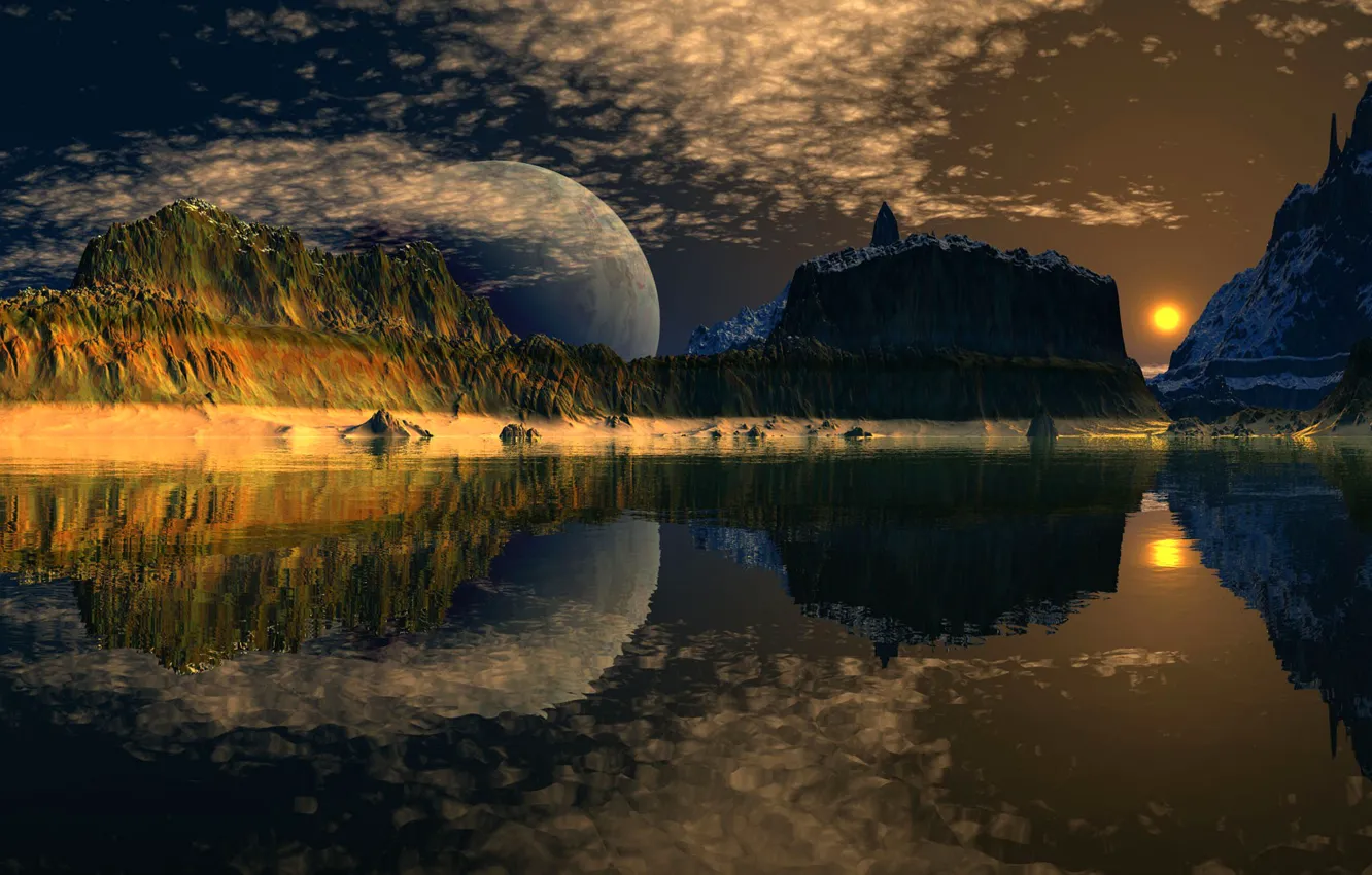 Photo wallpaper the sky, space, clouds, mountains, lake, reflection, planet