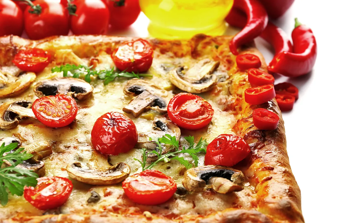 Photo wallpaper greens, mushrooms, cheese, pepper, vegetables, pizza, tomatoes