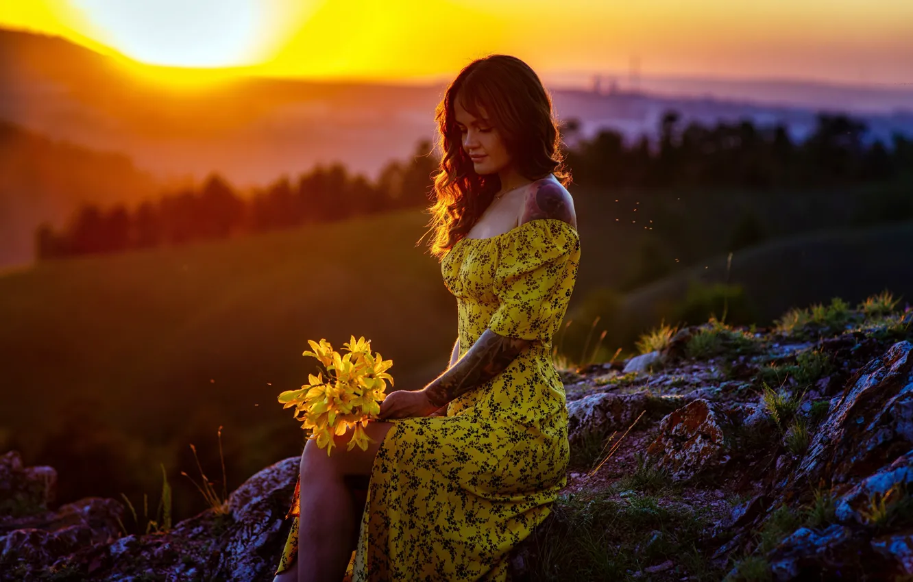 Photo wallpaper girl, sunset, flowers, stones, bouquet, dress, tattoo, Roman Punenko