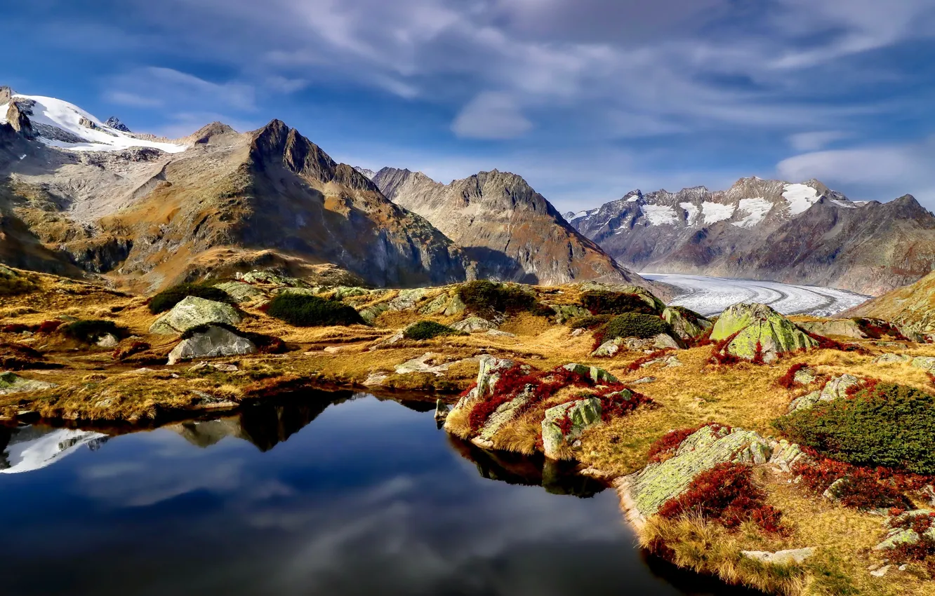 Photo wallpaper road, landscape, mountains, nature, lake, Switzerland, glacier, Aletsch glacier