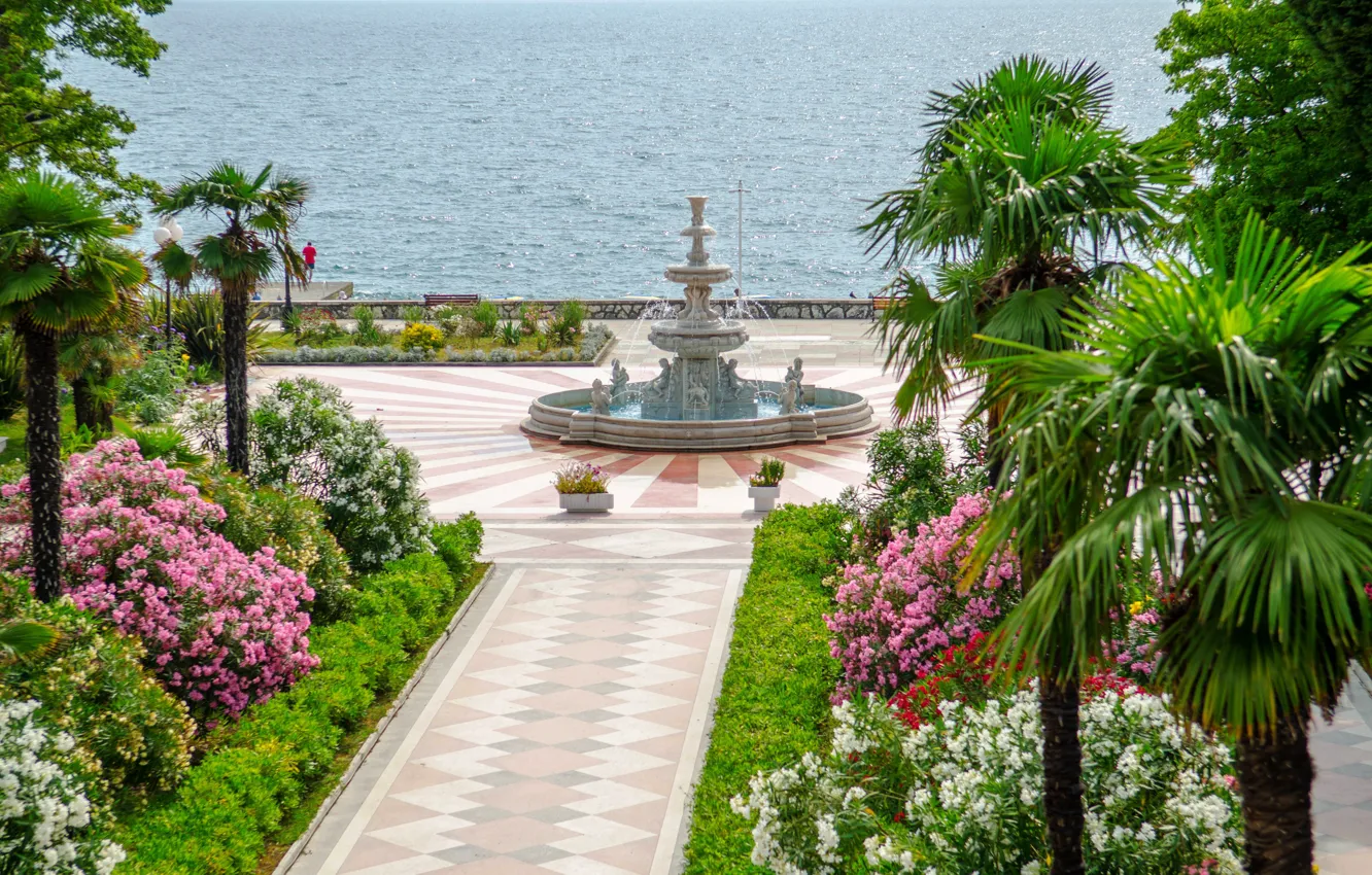 Photo wallpaper sea, flowers, nature, palm trees, fountain, sea, nature, flowers