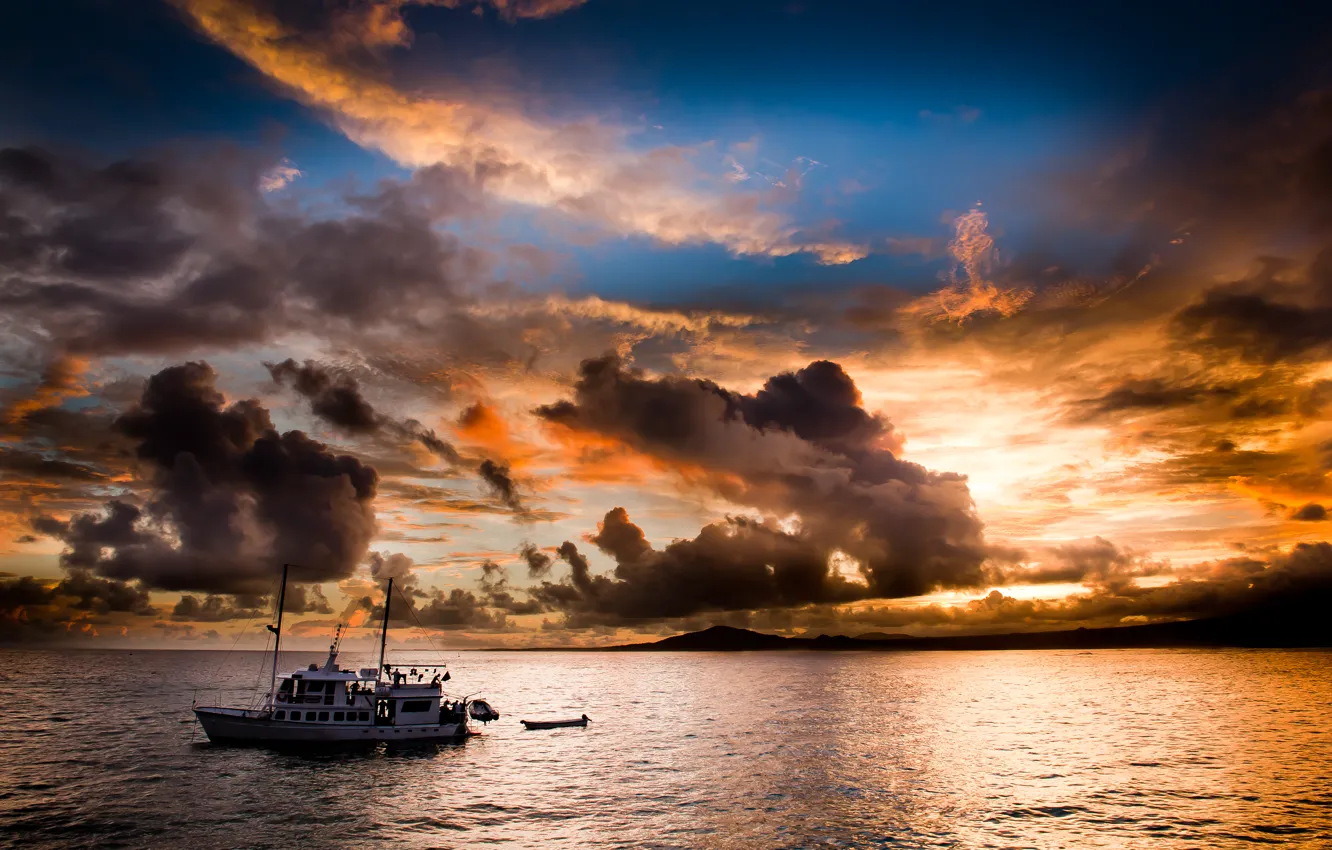 Photo wallpaper sea, clouds, sunset, the evening, yacht, clouds., the coast