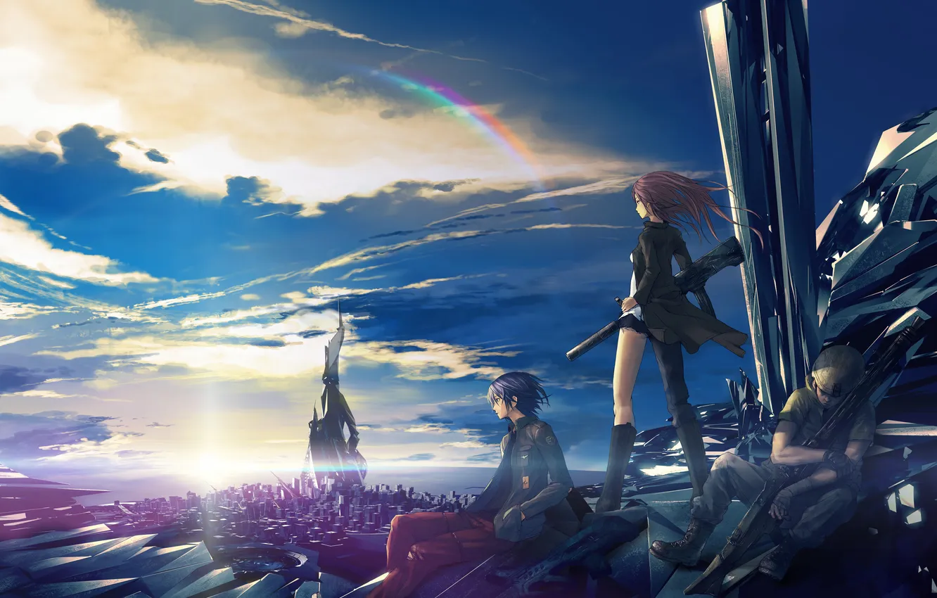 Photo wallpaper girl, abstraction, the city, weapons, dawn, art, machine, guy