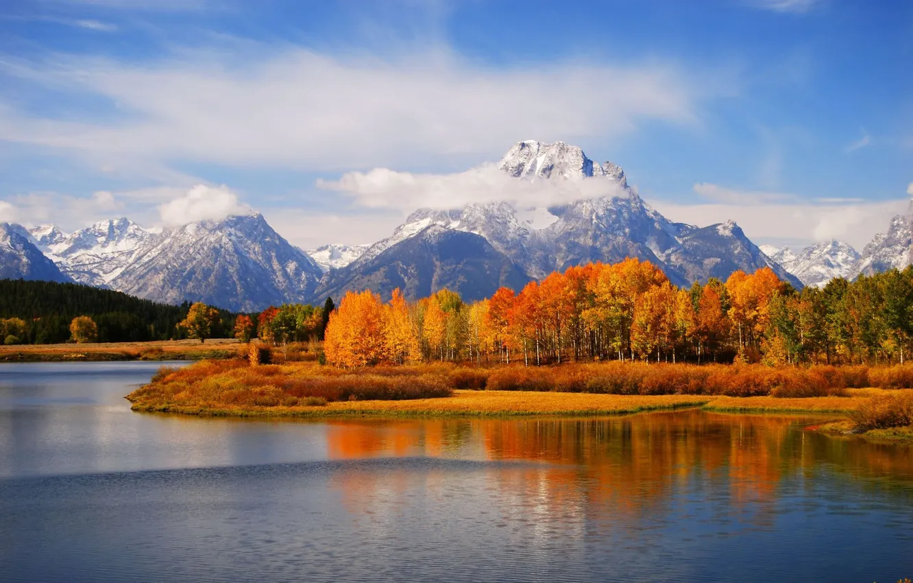 Photo wallpaper autumn, forest, the sky, clouds, landscape, mountains, nature, lake