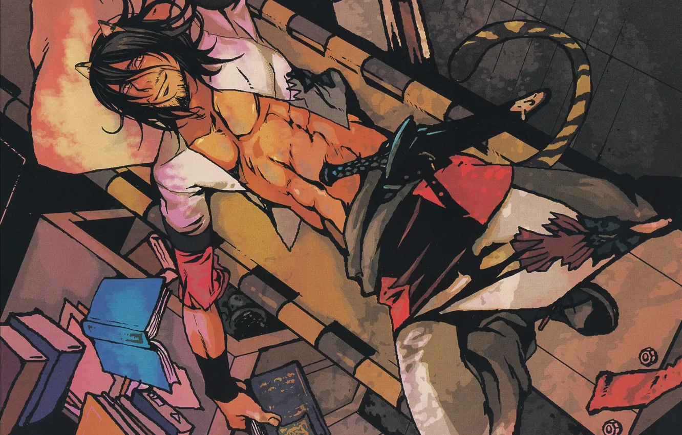 Photo wallpaper tail, book, dagger, grin, visual novel, lying on her back, Lamento, ears zhivotonogo