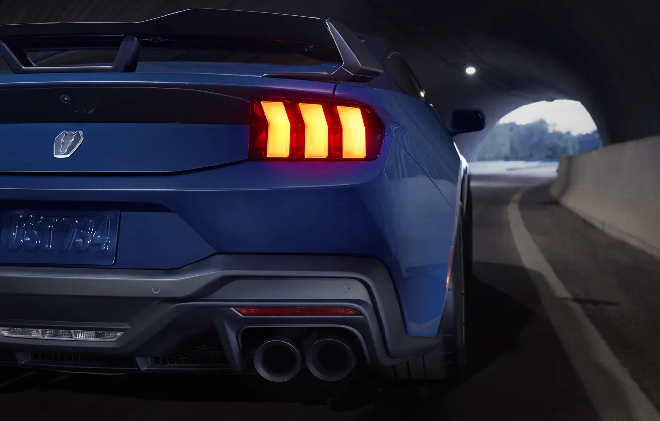 Photo wallpaper Mustang, Ford, light, Ford Mustang, blue, Rear, 2024, Dark Horse