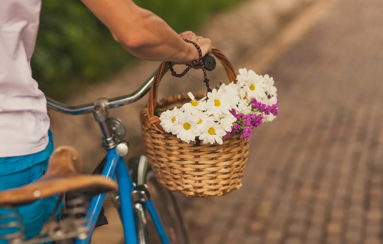 Photo wallpaper bicycle, vintage, flowers, street, romance, basket, Daisy