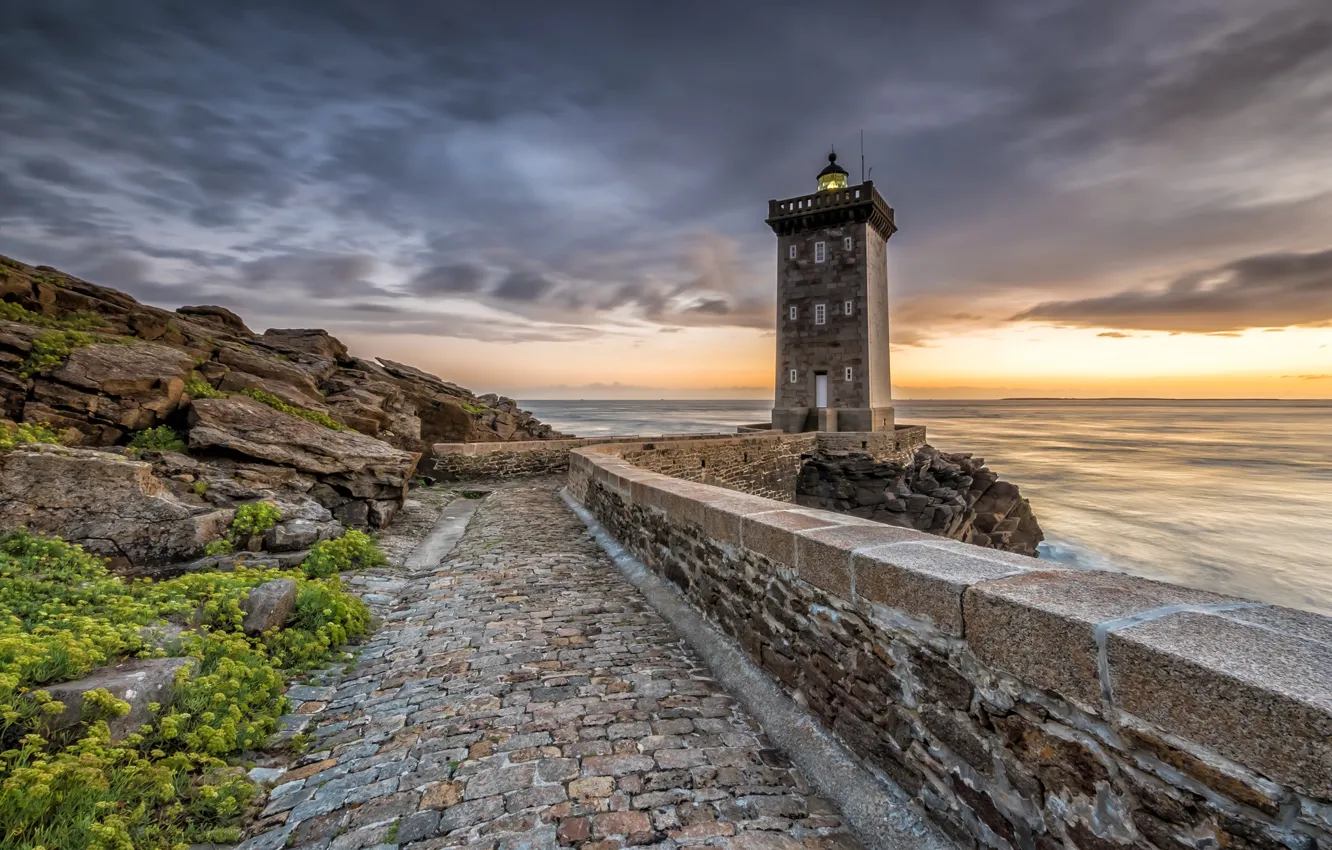 Photo wallpaper sea, the sky, sunset, stones, shore, France, lighthouse, Kermorvant