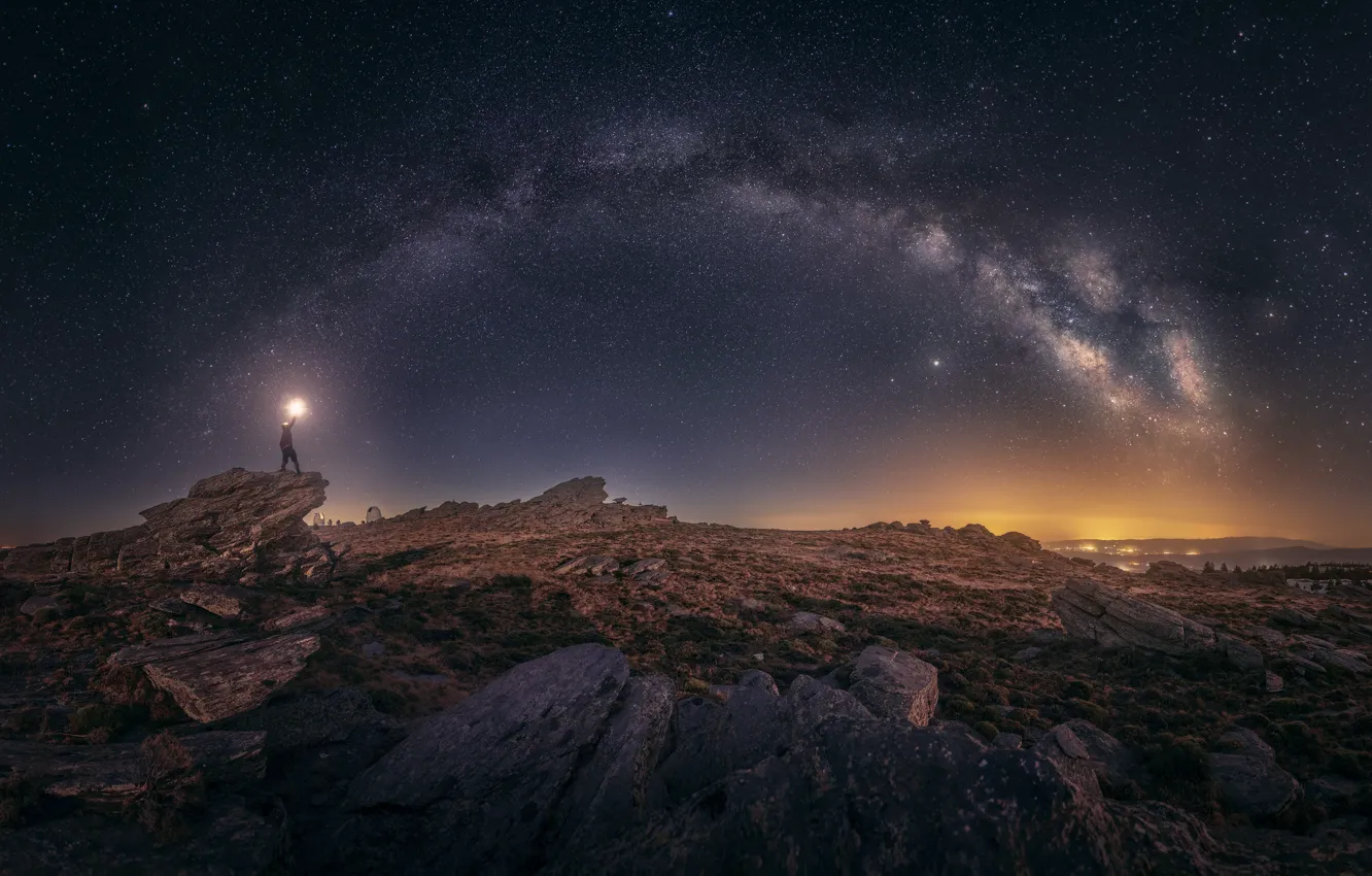 Photo wallpaper mountains, night, stones, the milky way, tourists