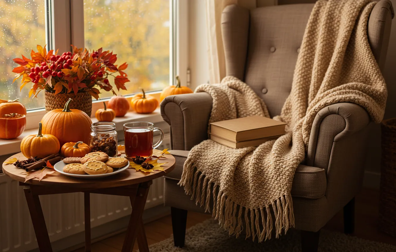 Photo wallpaper autumn, leaves, comfort, room, tea, bouquet, chair, cookies