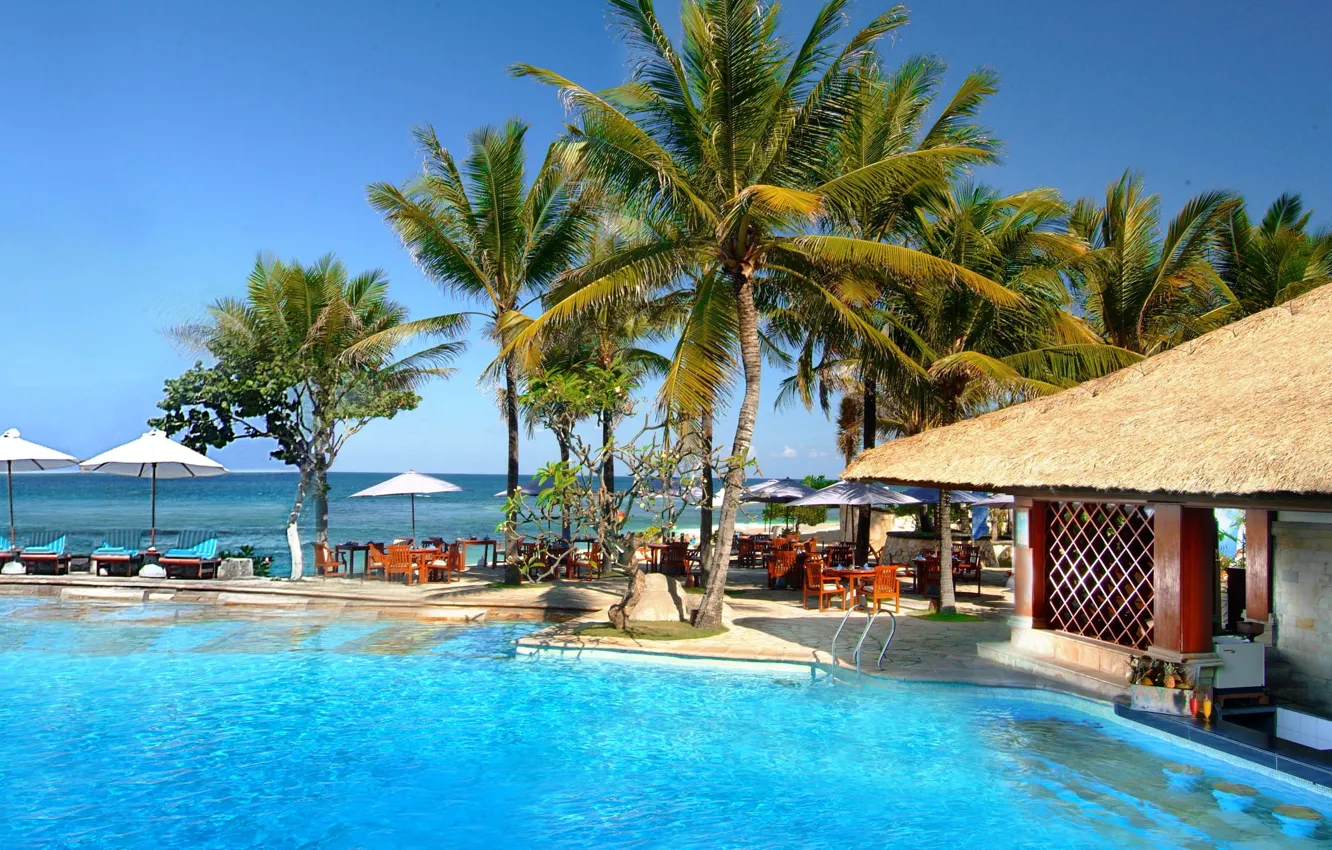 Photo wallpaper sea, summer, palm trees, umbrella, island, pool, Bali, Indonesia