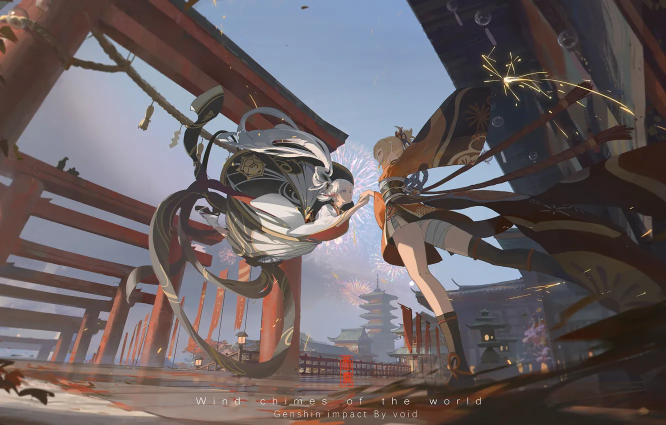 Photo wallpaper girl, torii, Genshin Impact, Yoimiya, Kamisato Ayaka