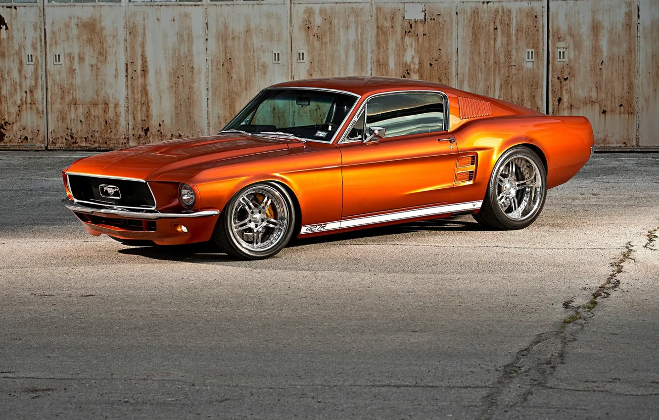 Photo wallpaper Orange, Ford Mustang, Fastback, Muscle car, Custom, Widebody