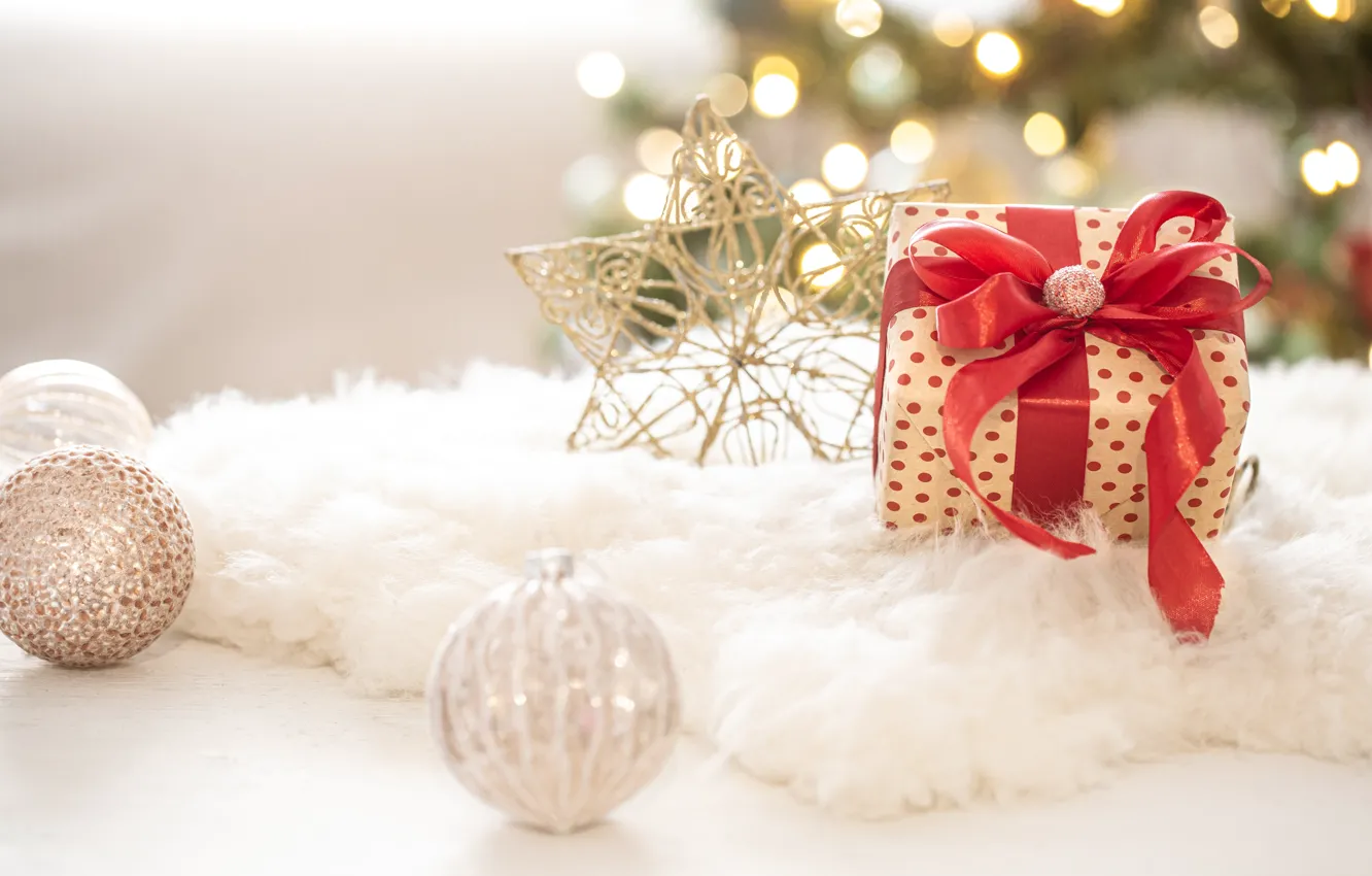 Photo wallpaper white, stars, balls, red, lights, box, gift, new year