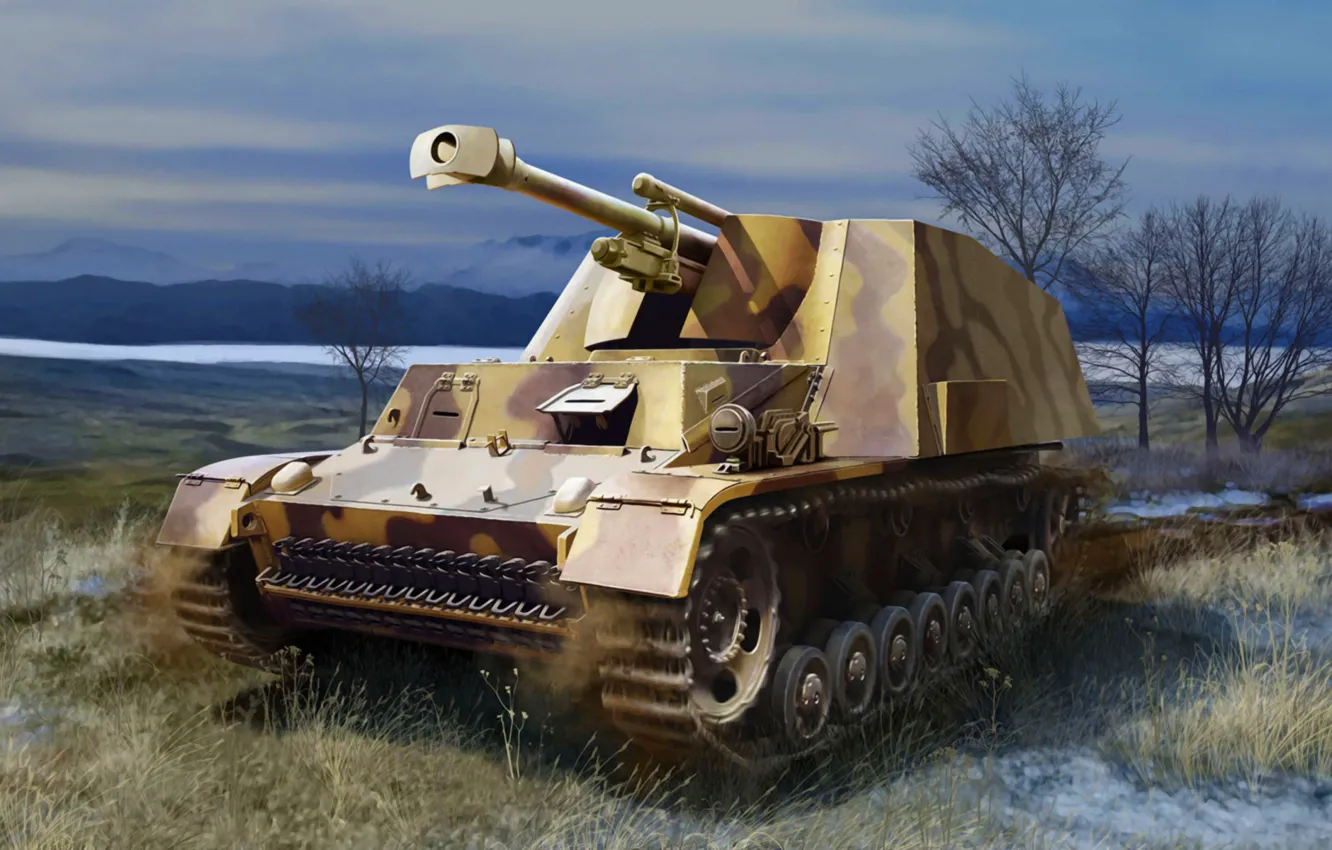 Photo wallpaper war, art, painting, tank, WW2, Sd.Car.165 Hummel-Wespe