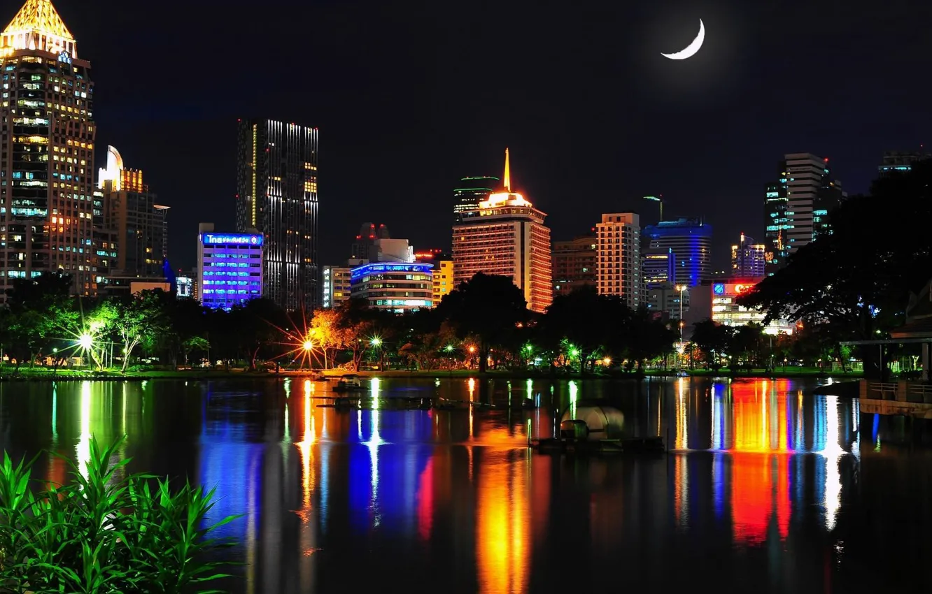 Photo wallpaper water, night, the city, lights, reflection, home, a month, Thailand