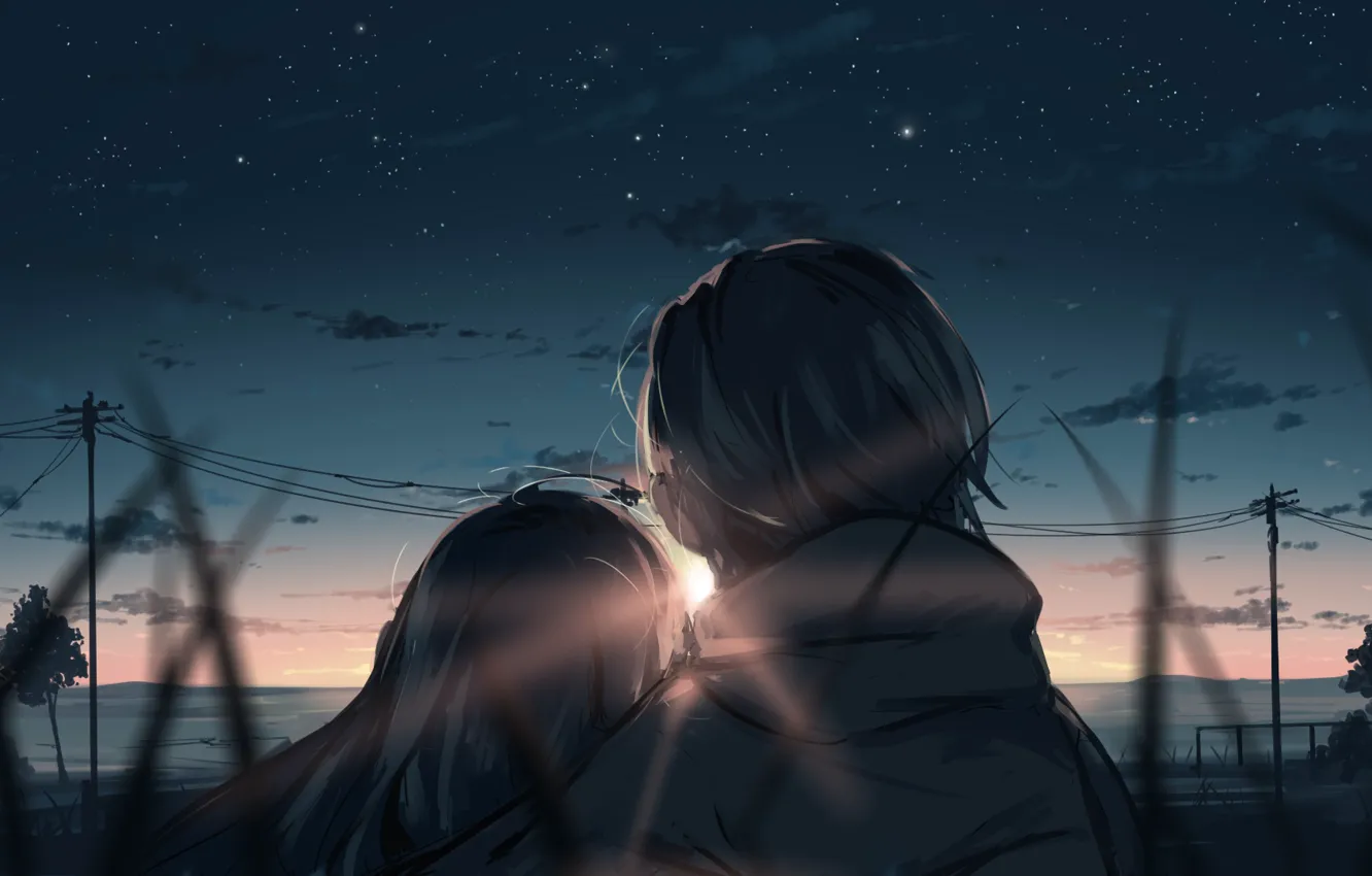 Photo wallpaper girl, sunset, nature, guy