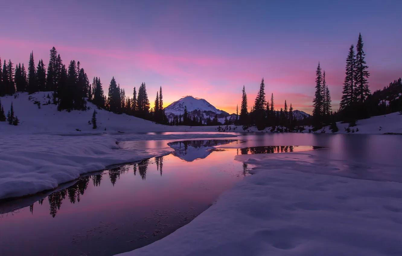 Photo wallpaper winter, forest, mountains, pond