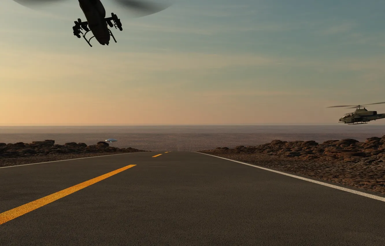 Photo wallpaper road, machine, chase, UFO, art, plate, helicopter, UFO