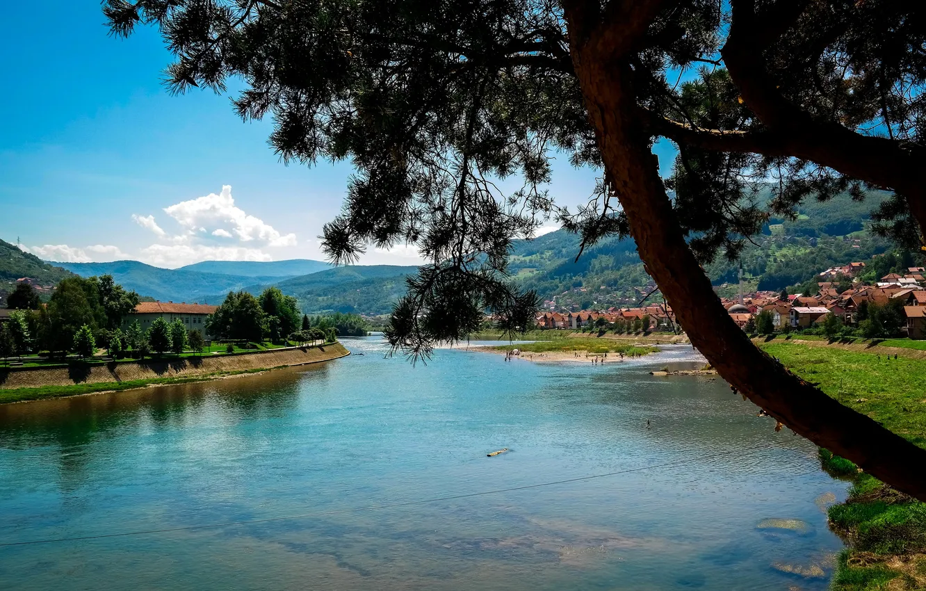 Photo wallpaper trees, mountains, the city, river, home, Bosnia and Herzegovina, Gorazde