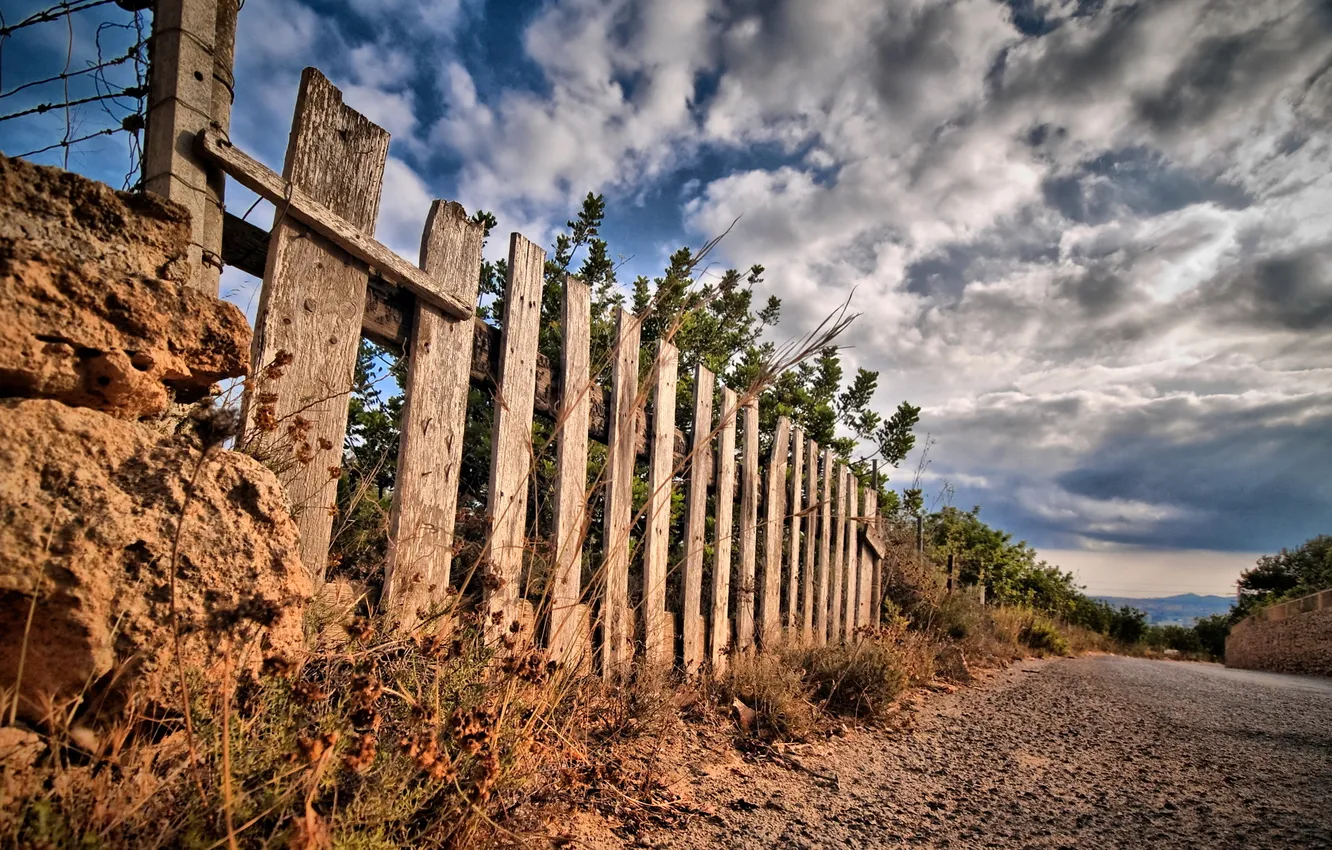 Photo wallpaper road, grass, the fence