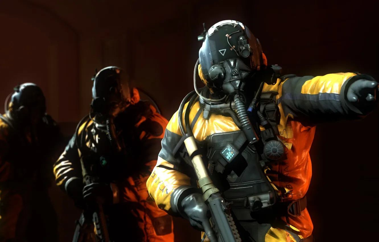 Photo wallpaper weapons, soldiers, helmet, khimzaschita, Hazmat, костюм Call of Duty: Advanced Warfare