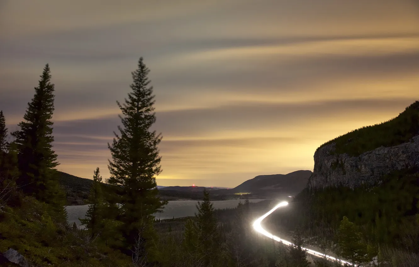 Photo wallpaper road, light, mountains, night, lights, track, Canada, Albert