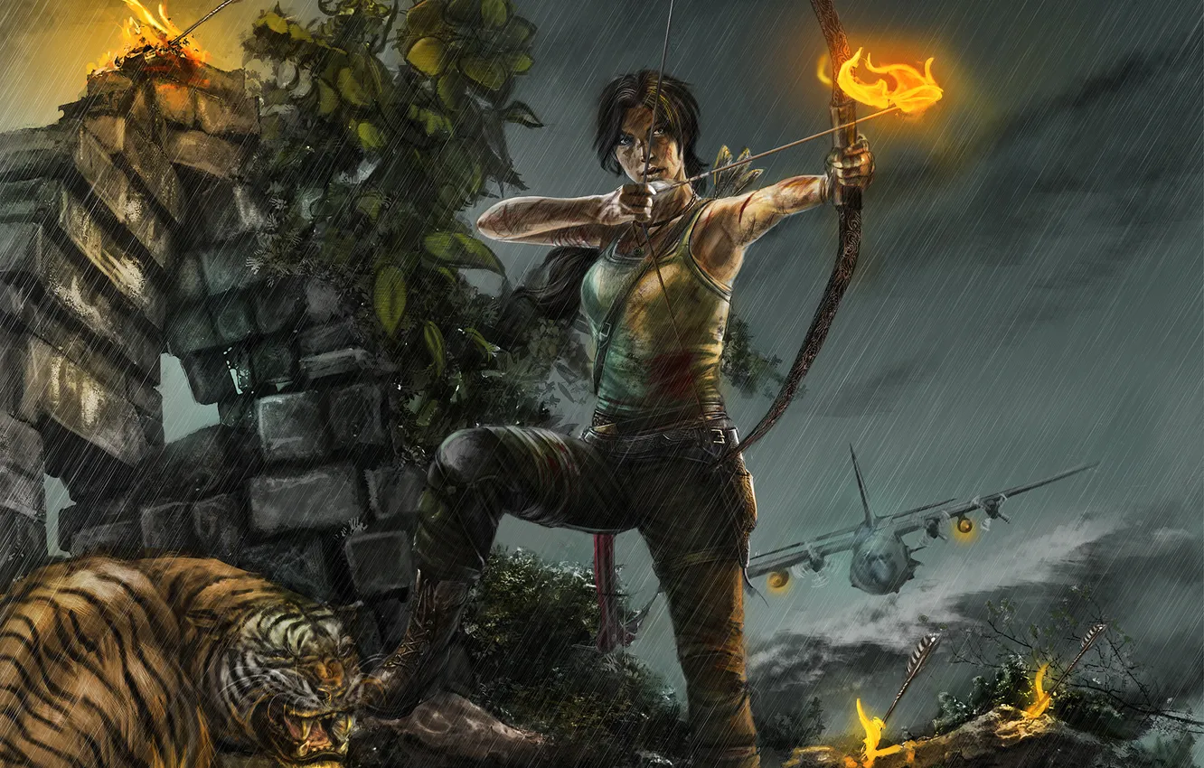 Photo wallpaper girl, tiger, bow, Tomb Raider, the plane, arrows, Lara