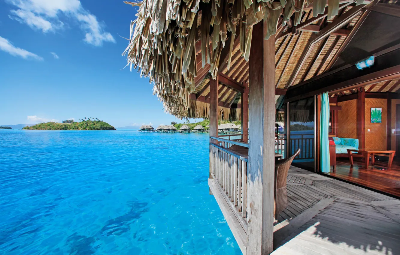 Photo wallpaper ocean, view, Bora-Bora, Water Villa