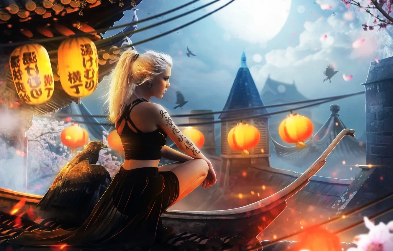 Photo wallpaper roof, girl, night, style, fiction, bird, the moon, art