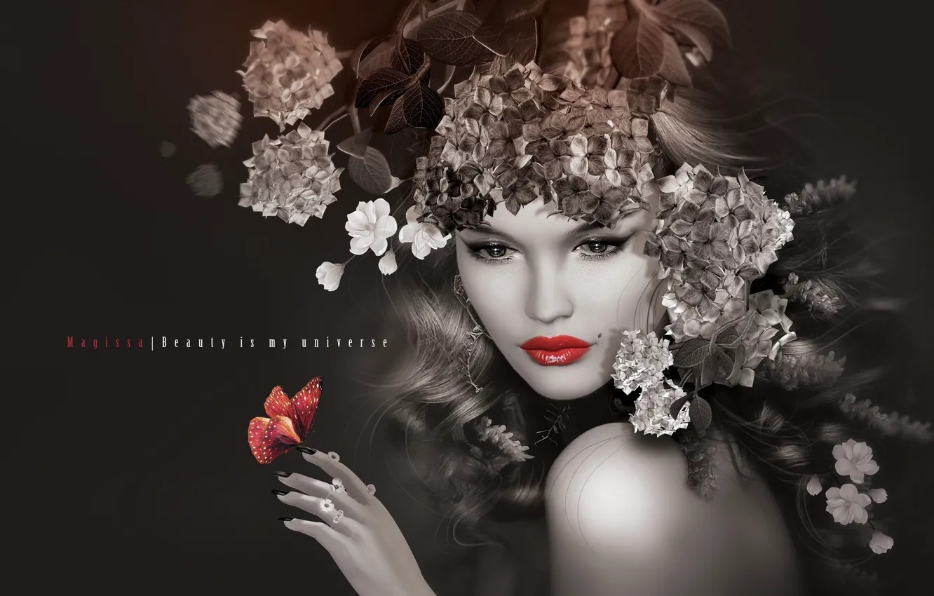 Photo wallpaper girl, flowers, lips, wreath