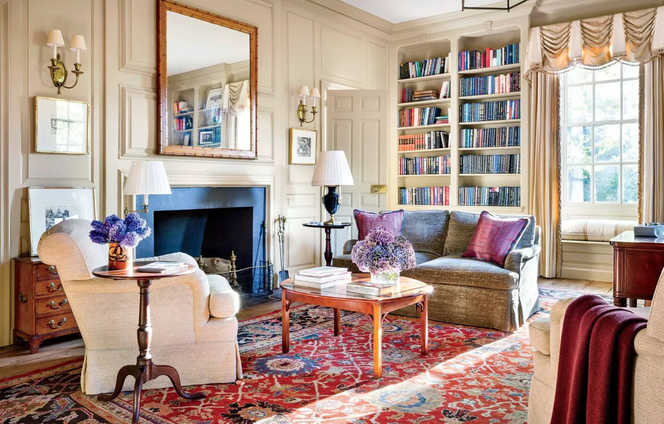 Photo wallpaper design, style, interior, fireplace, library, living room