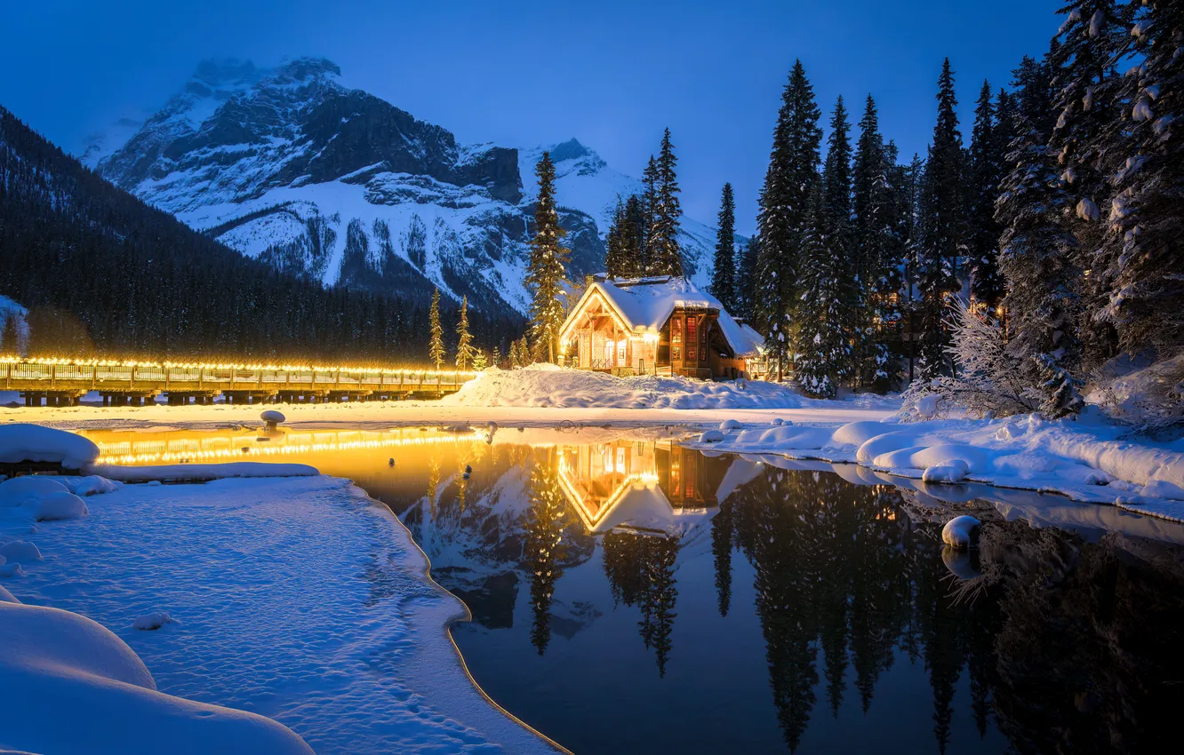 Photo wallpaper trees, mountains, lake, home, Canada, parks, Yoho National Park Snow