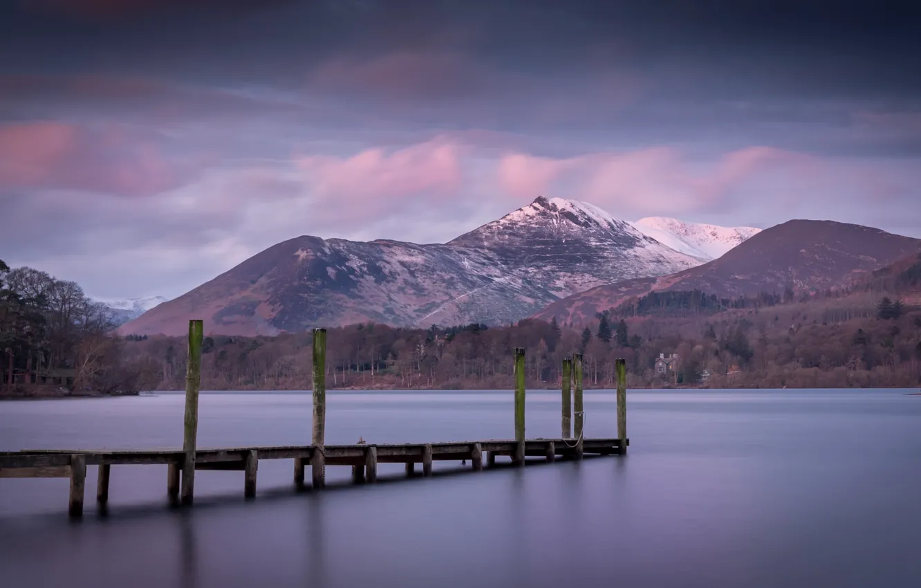 Wallpaper twilight, sunset, mountain, lake, dusk, pier for mobile and