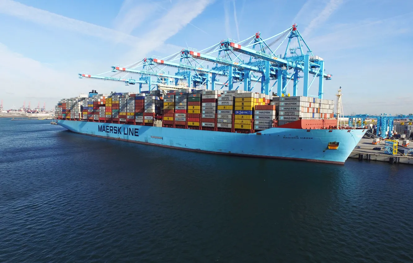 Photo wallpaper Port, Board, The ship, Line, Cargo, A container ship, Cranes, Madison