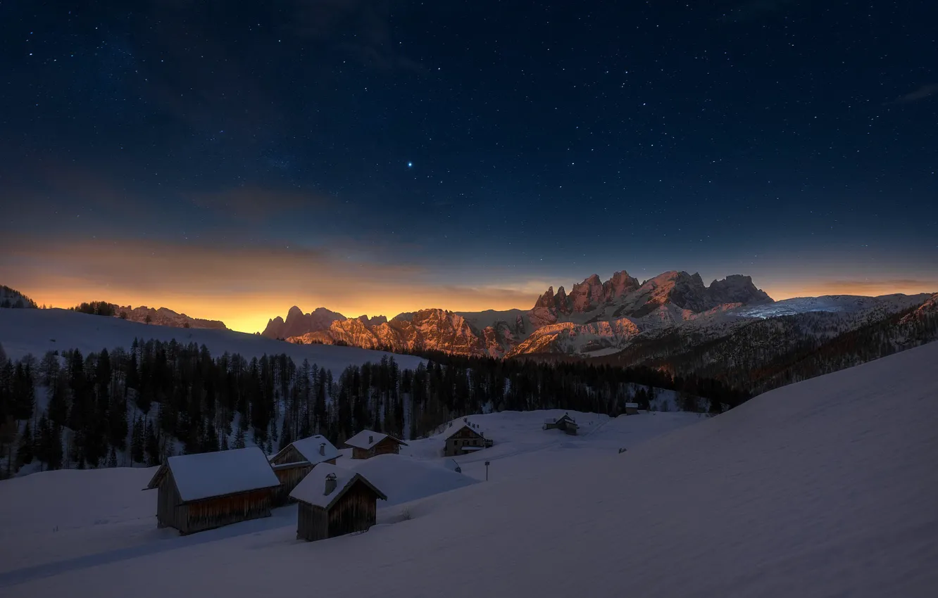 Photo wallpaper winter, forest, stars, snow, sunset, mountains, night, rocks