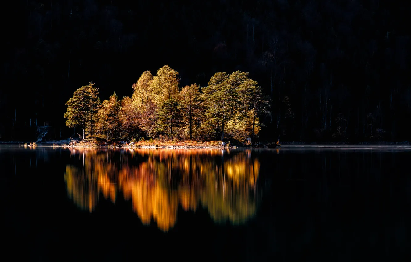 Photo wallpaper autumn, trees, island, Germany, Bayern, lake Eibsee