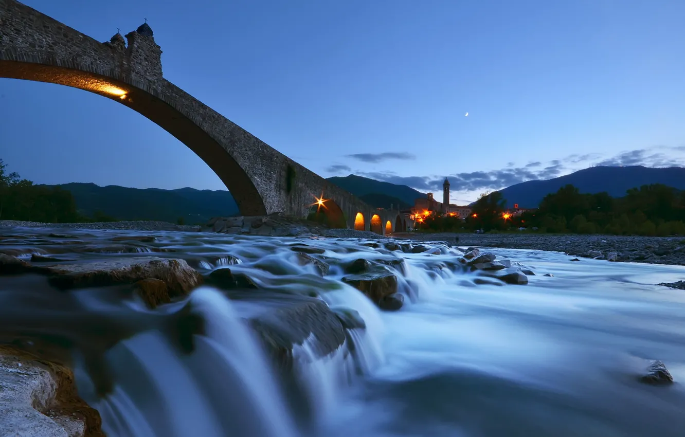 Photo wallpaper landscape, night, bridge, river, Devil's bridge