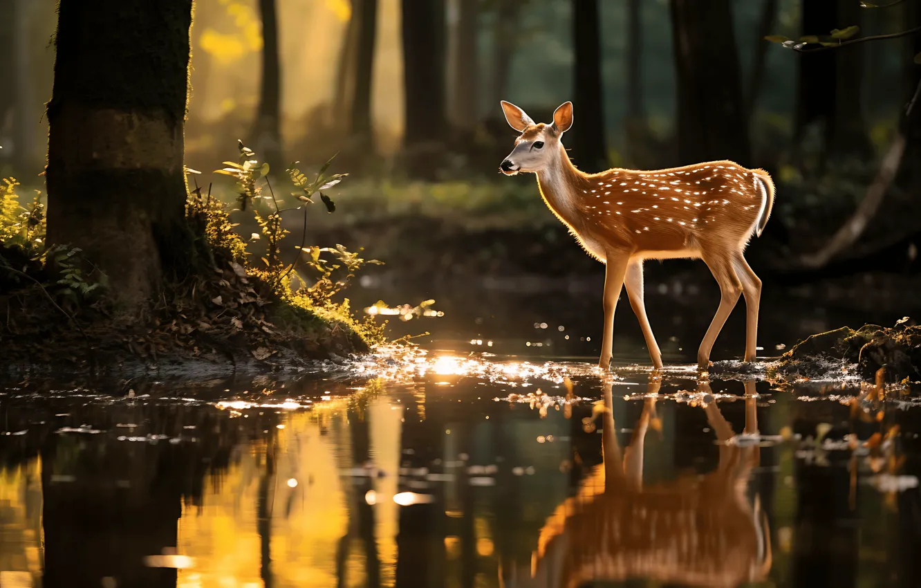 Photo wallpaper forest, look, water, light, trees, nature, pose, reflection