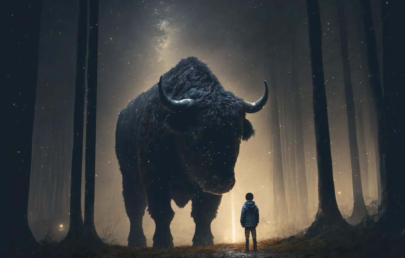 Photo wallpaper forest, trees, children, boy, horns, two, Buffalo, digital art