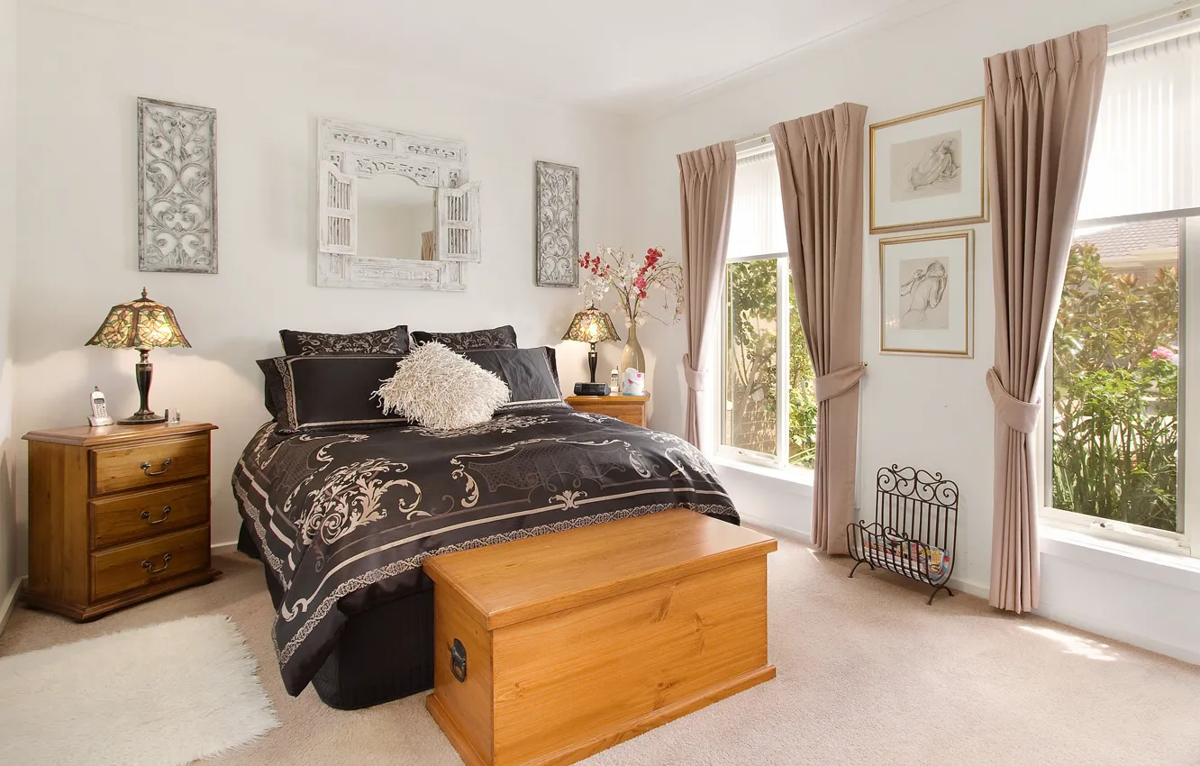 Photo wallpaper design, lamp, bed, bedroom, chest, decor