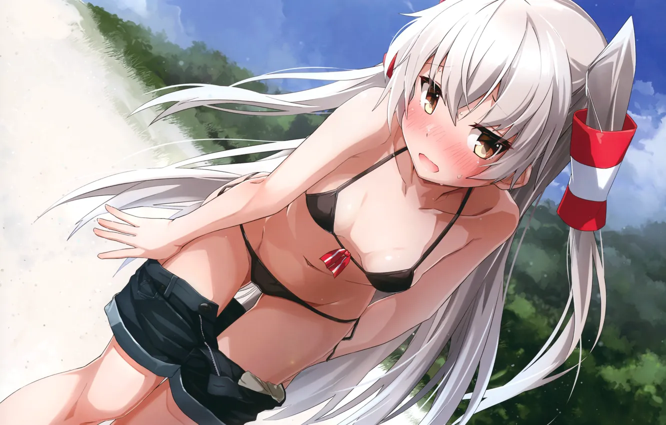 Photo wallpaper beach, swimsuit, girl, shorts, kantai collection, takanashi kei (hitsujikan), Amatsukaze