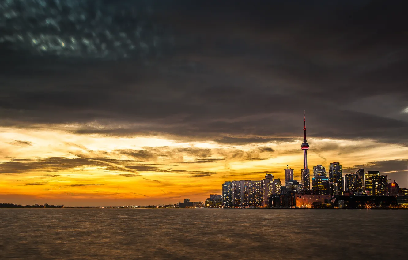 Photo wallpaper water, sunset, the city, lake, building, tower, Toronto