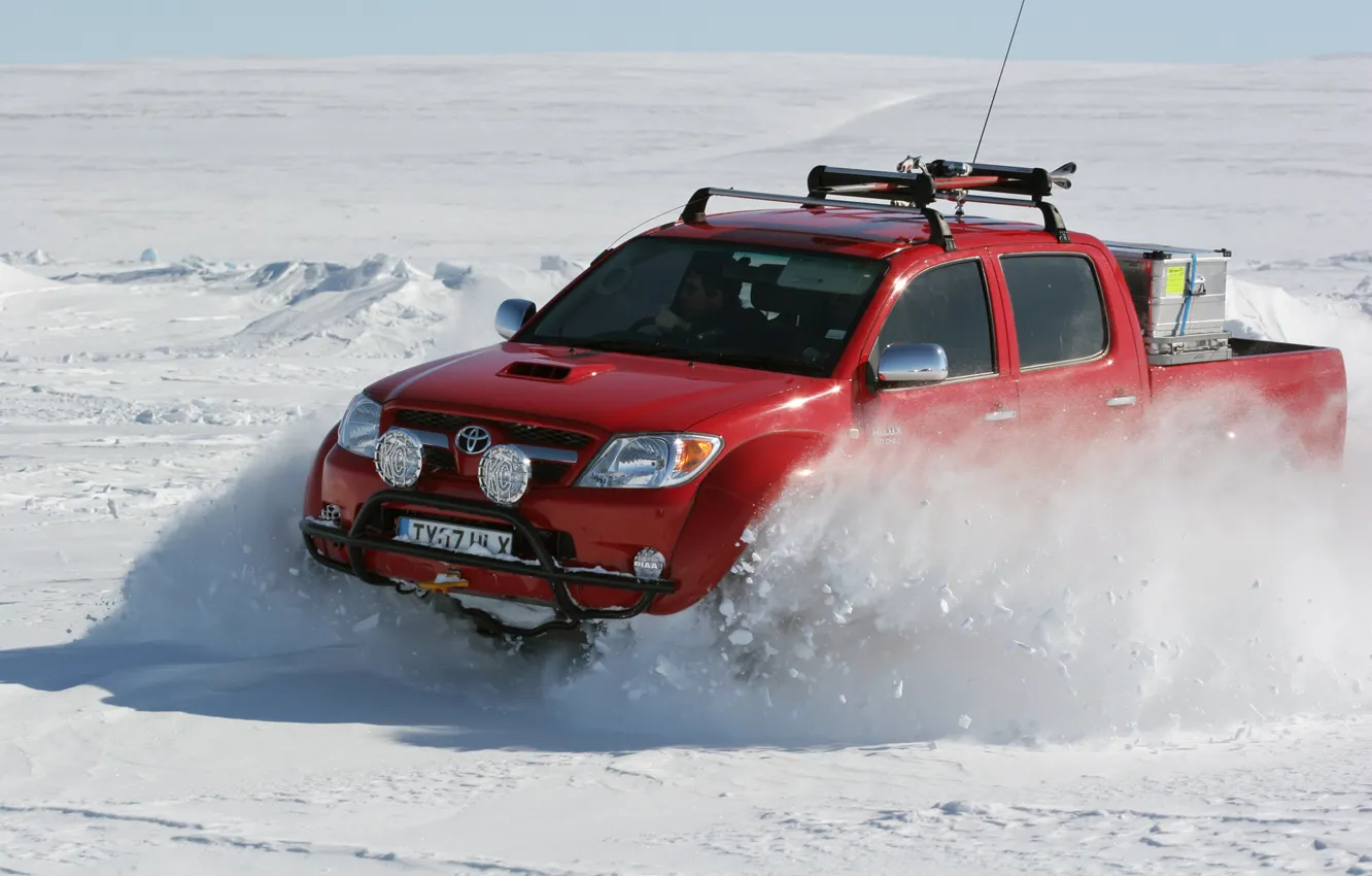 Photo wallpaper winter, snow, North pole, red, Toyota, north pole, hilux, arctic trucks