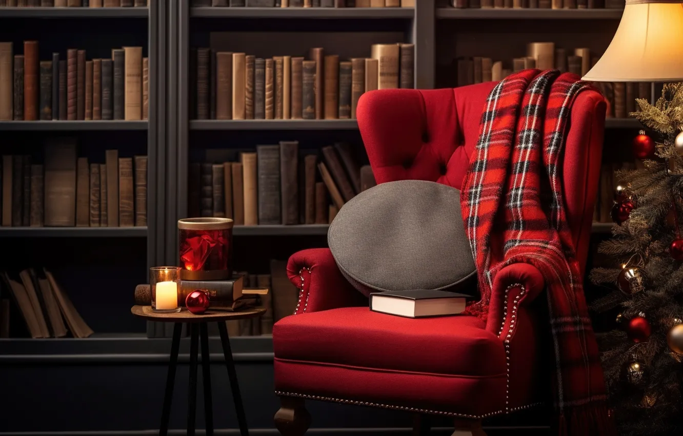 Photo wallpaper decoration, room, gift, balls, tree, new year, interior, chair