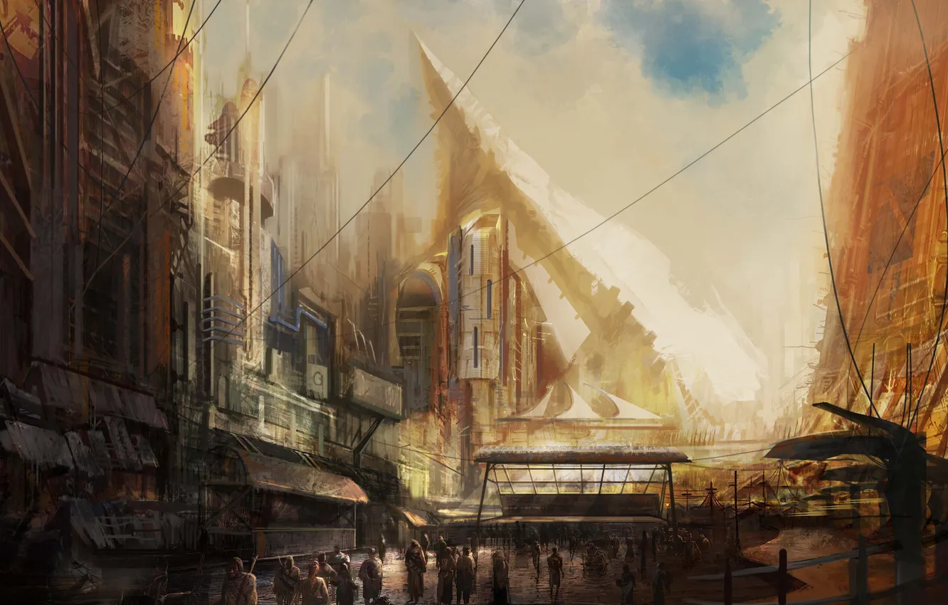 Photo wallpaper landscape, the city, fiction, rocks, people, art