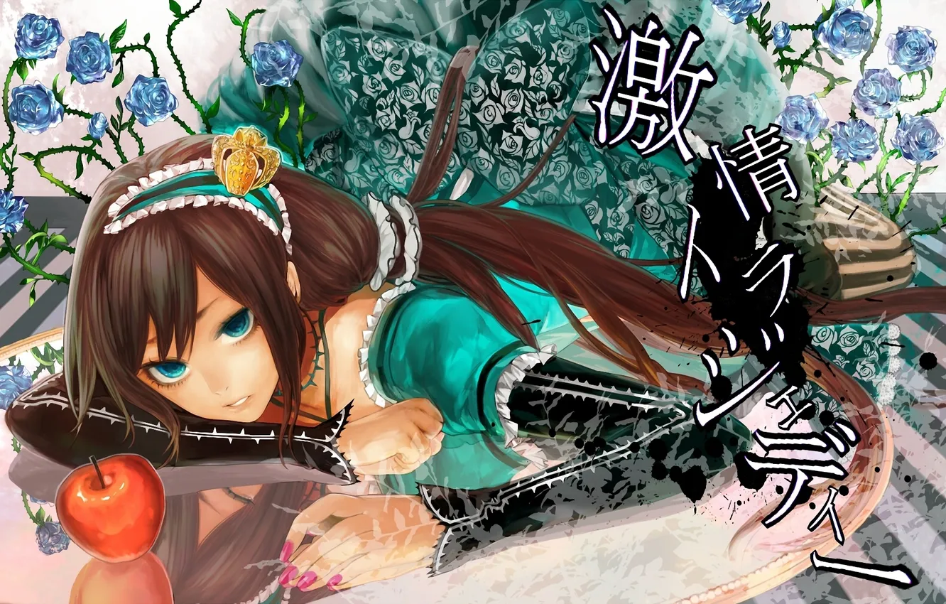 Photo wallpaper girl, the inscription, apples, roses, art, vocaloid, lying, TCB