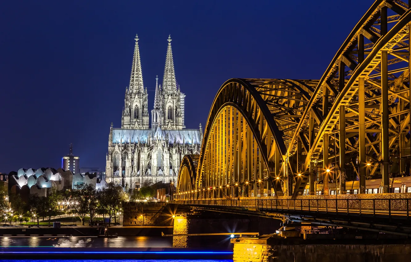 Photo wallpaper night, bridge, city, the city, lights, lights, river, Germany